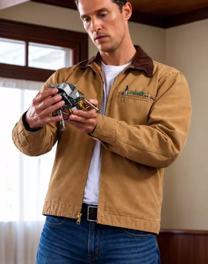 Cooper jacket Interstellar inspired brown canvas jacket with corduroy collar, front profile view, similar to the jacket from Interstellar worn by Matthew McConaughey.