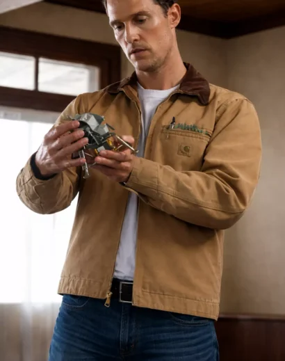 Cooper jacket Interstellar inspired brown canvas jacket with corduroy collar, front profile view, similar to the jacket from Interstellar worn by Matthew McConaughey.