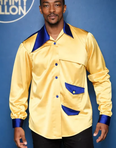 Gordon Gartrell shirt front view in yellow satin with blue accents stylish gordon gartrell outfit