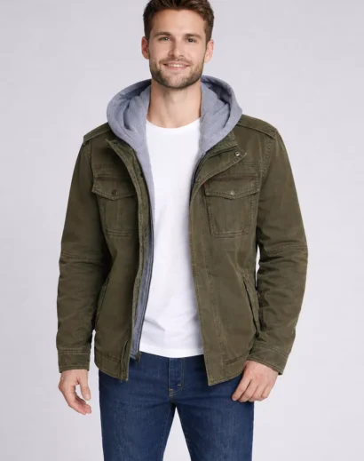 Luigi Mangione jacket front view, green cotton jacket men with hood layered over hoodie