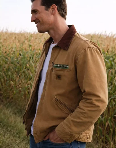 Matthew McConaughey Interstellar jacket inspired design with brown canvas exterior and dark collar, resembling the Carhartt jacket in Interstellar movie.