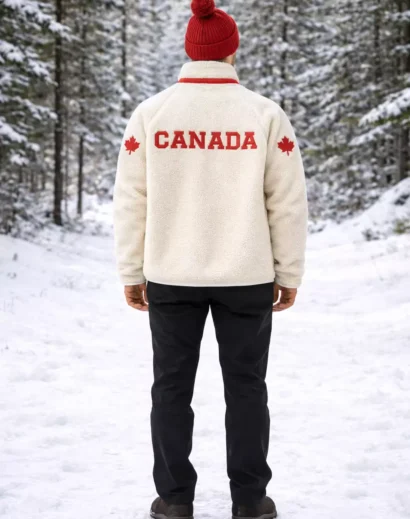 Men's Canada sherpa jacket heated rivalry back view featuring bold Canada lettering and maple leaf details on sherpa fleece.