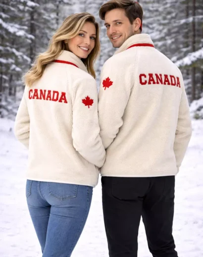 Team Canada sherpa jacket heated rivalry couple wearing matching Shane Hollander sherpa jacket in Canadian fleece style.