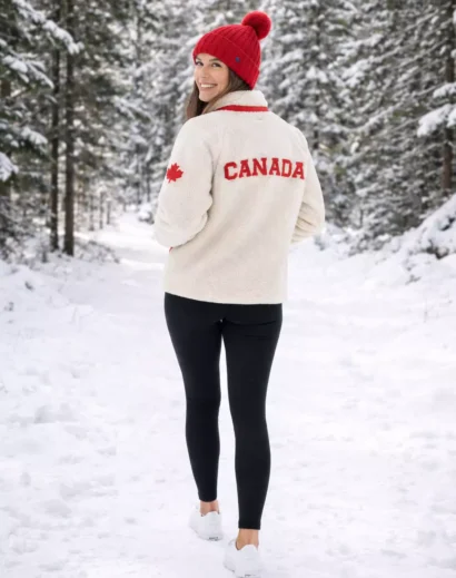 Womens Canada sherpa fleece jacket back view inspired by Shane Hollander sherpa jacket with Canada embroidery and fleece finish.