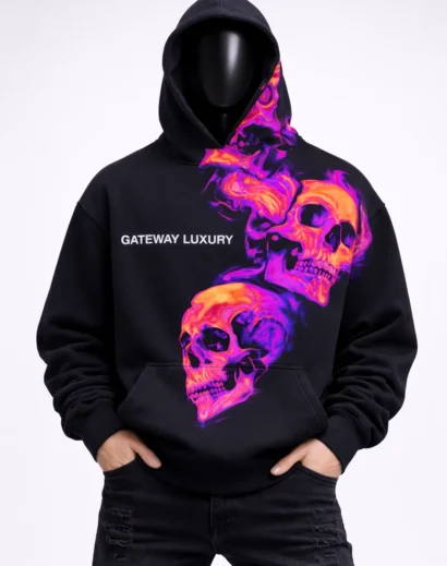 Gateway Luxury Hoodie black with neon flaming skull graphic front view