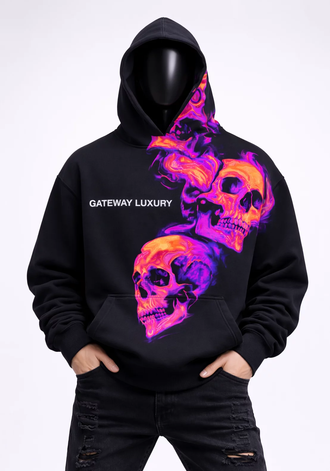 gateway-luxury-hoodie-black-skully-front Gateway Luxury Hoodie black with neon flaming skull graphic front view