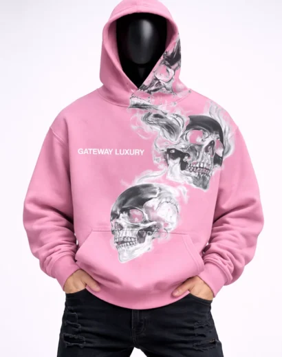 gateway-luxury-pink-skull-hoodie Gateway luxury pink skull hoodie with monochrome smoke skull artwork