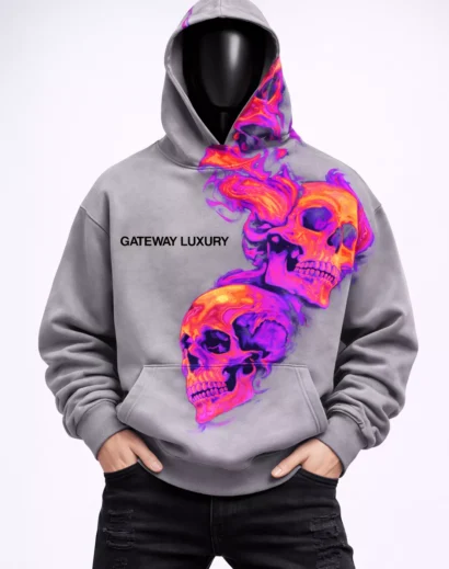 gateway-luxury-skully-grey-hoodie Gateway luxury skully grey hoodie front view premium finish