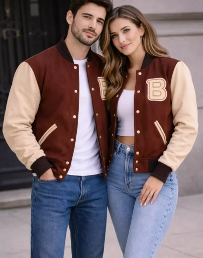 Couple wearing hotline miami varsity jacket matching brown letterman jacket for men and women