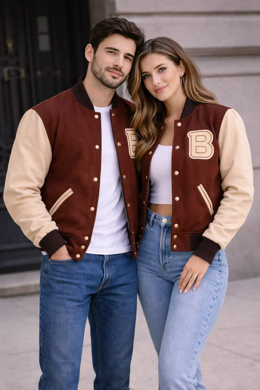 hotline-miami-varsity-jacket-couple-men-women Couple wearing hotline miami varsity jacket matching brown letterman jacket for men and women