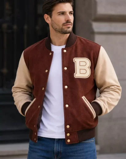 mens-hotline-miami-jacket-brown-varsity-front men's hotline miami jacket brown varsity letterman jacket front view stylish outfit