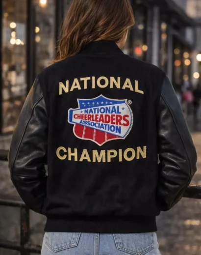 nca-national-champion-varsity-jacket-back-view Back side of NCA National Champion varsity jacket featuring large National Cheerleaders Association logo and champion embroidery.