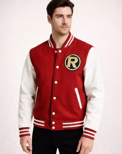 Men wearing red and white varsity letterman jacket front view with R patch and ribbed collar