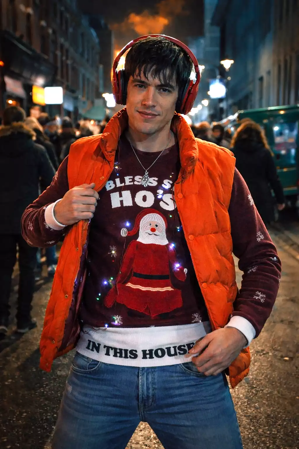 roddy-ho-slow-horses-orange-puffer-vest-front-view roddy ho slow horses orange puffer vest front look with headphones urban night style