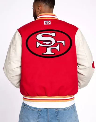 49ers-golf-wang-jacket-back-red-varsity-jacket-men Back view of 49ers Golf Wang jacket showing large SF logo, red bomber varsity jacket with premium detailing