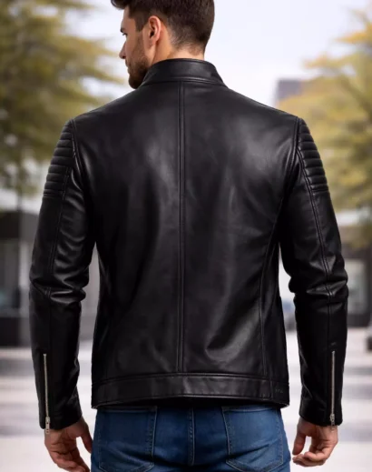 Back view plain black men's american flag jacket, vintage style american flag leather jacket mens minimalist design