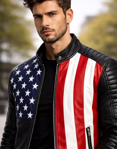 Close-up american flag leather jacket mens detail, premium jacket with american flag patch usa flag jacket