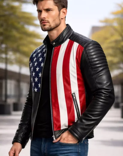 Side profile american flag jacket, black united states flag jacket mens leather jacket with american flag patch