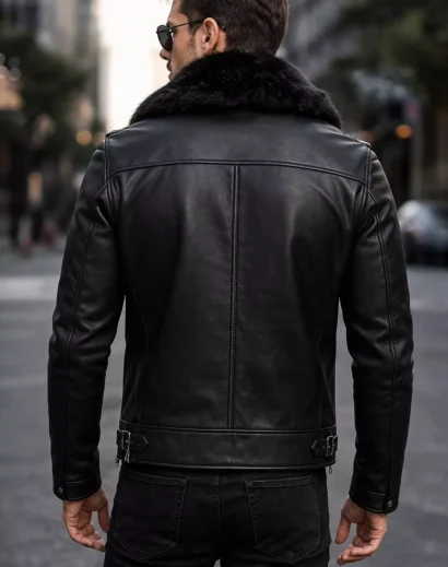 biker leather jacket for men back side, motorcycle leather black jacket for men with fur collar