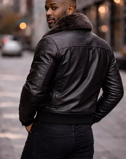 biker-leather-jacket-men-black-fur-back biker leather jacket for men back side, motorcycle leather black jacket for men with fur collar