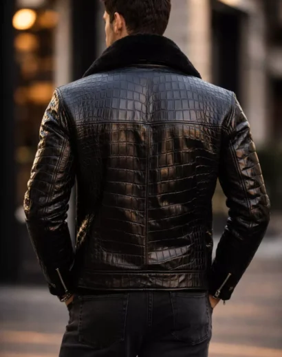 Black alligator skin leather jacket back view, real crocodile jacket with luxury texture and stitching