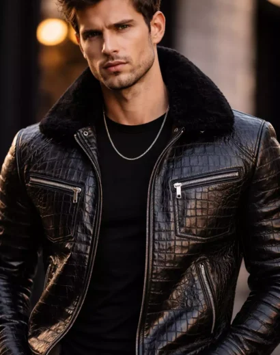 Black crocodile leather jacket close up, alligator leather jacket detail premium black biker leather jacket mens