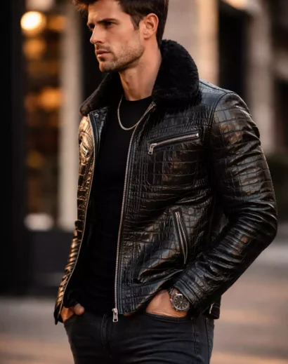 Black crocodile leather jacket men's side profile, real crocodile skin jacket men stylish biker fit