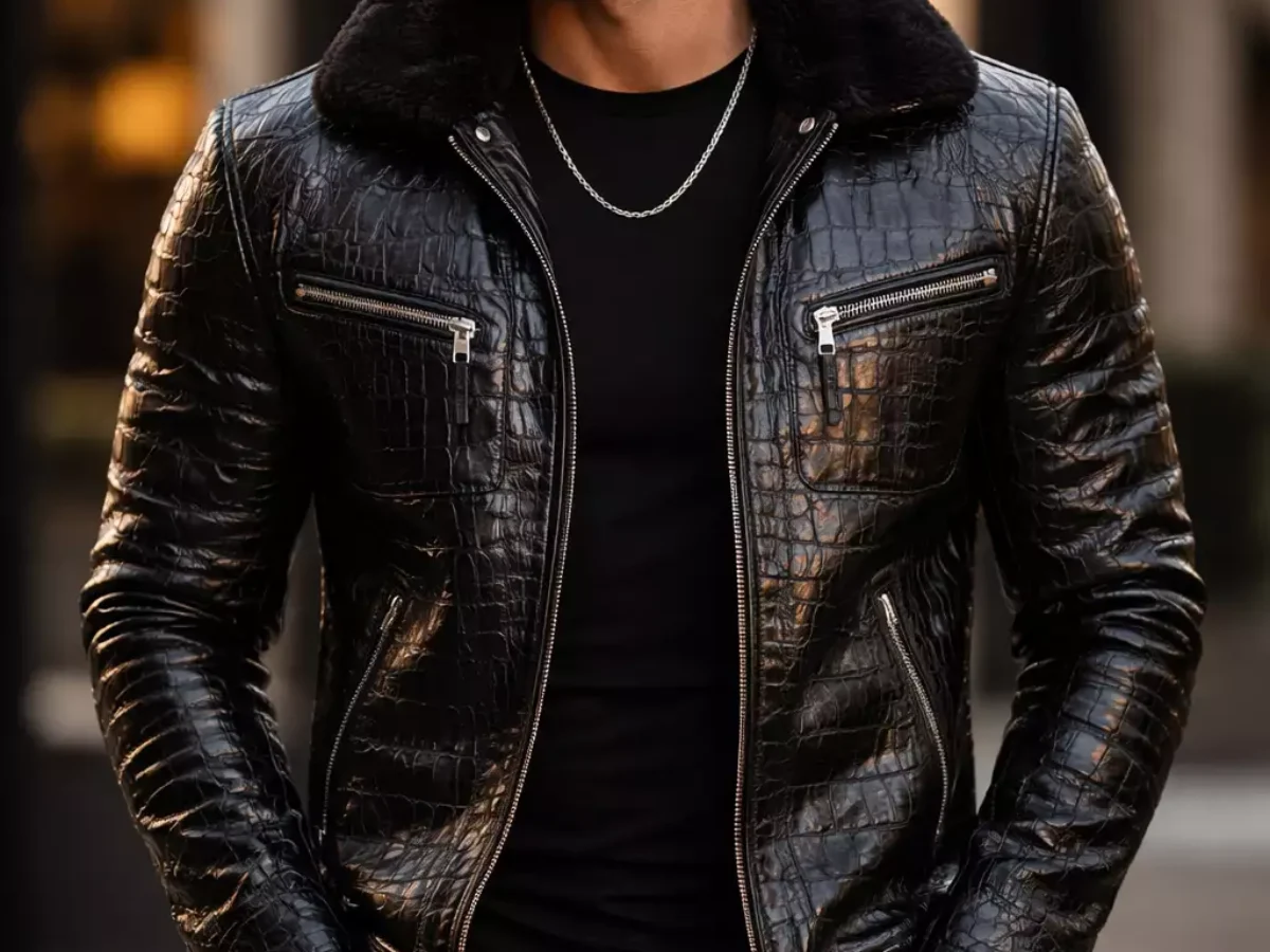 Black Gator Leather Jacket Mens Real Crocodile Skin