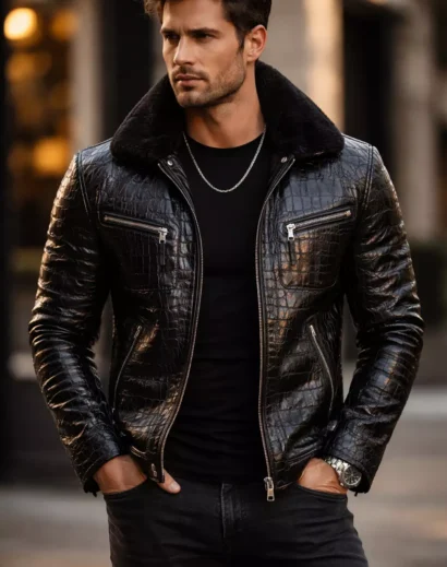 Black gator leather jacket mens front view, real alligator skin jacket with premium crocodile leather texture