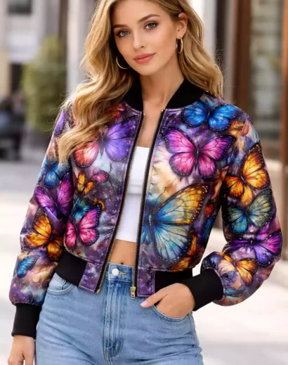 Butterfly print jacket women trendy style, women's butterfly jacket vibrant fashion outfit