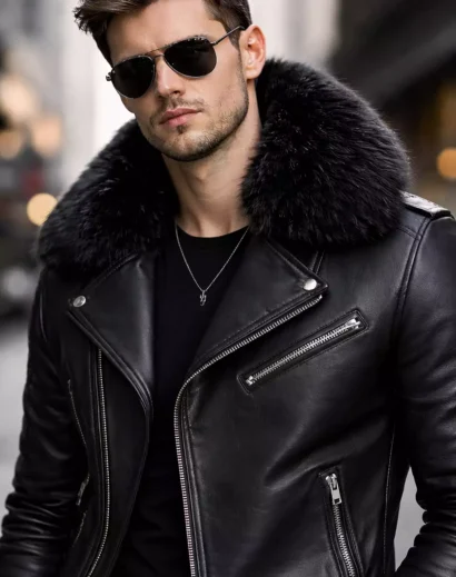 full grain lambskin leather jacket with fur collar close up, black fur leather jacket men premium quality
