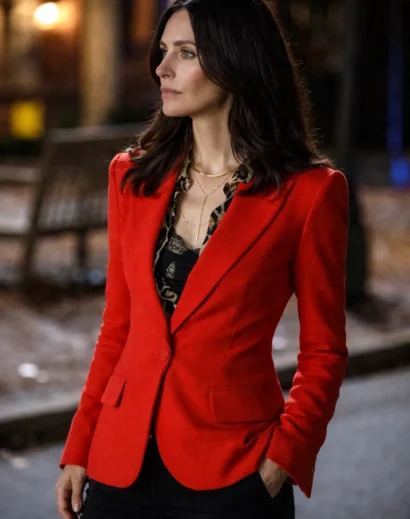 gale-weathers-red-outfit-front-pose Gale Weathers red outfit front pose with stylish blazer and modern fitted silhouette