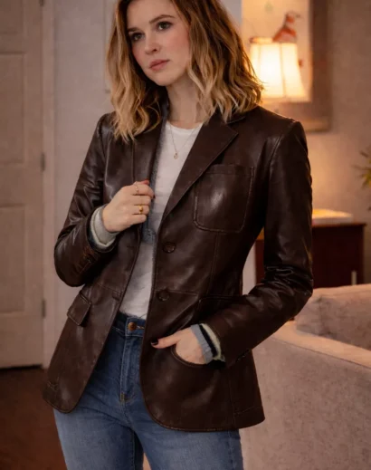 Isabel May brown jacket outfit stylish women brown leather blazer vintage inspired look