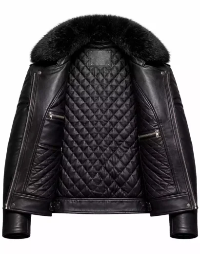 lambskin leather jacket with fur inside quilted lining, vintage leather coat fur collar interior design