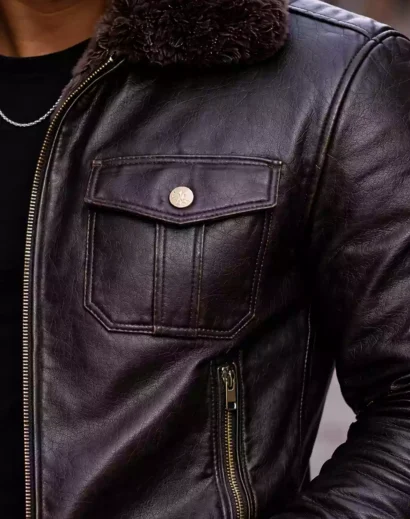 lambskin-leather-jacket-fur-pocket-detail full grain lambskin leather jacket pocket detail, quilted leather jacket mens black fur collar close up