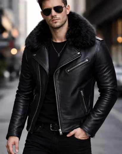 leather jacket with fur black men front view, biker leather jacket mens with fur collar stylish outfit