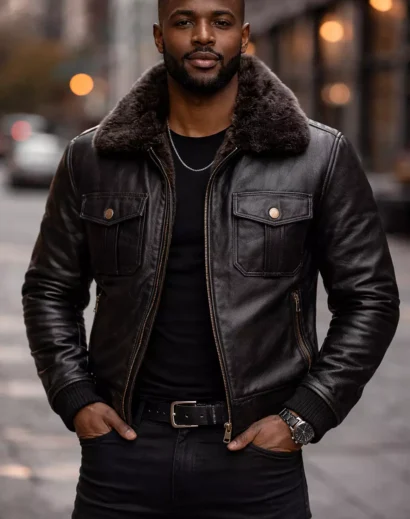 leather jacket with fur black men front view, biker leather jacket mens with fur collar stylish outfit