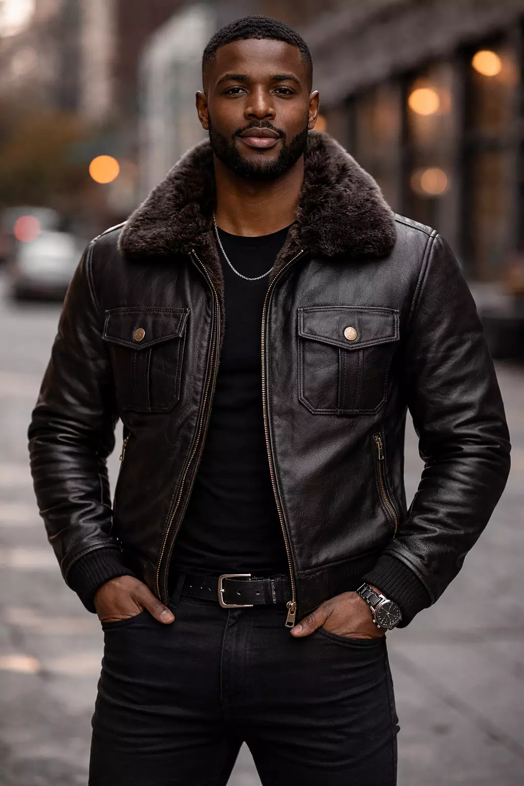 leather-jacket-with-fur-black-men-front leather jacket with fur black men front view, biker leather jacket mens with fur collar stylish outfit