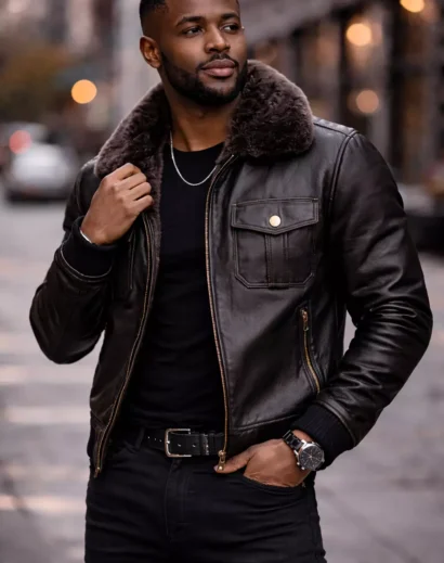 men-leather-jacket-fur-collar-black-profile men leather jacket outfit left profile, black fur collar leather jacket men premium biker style