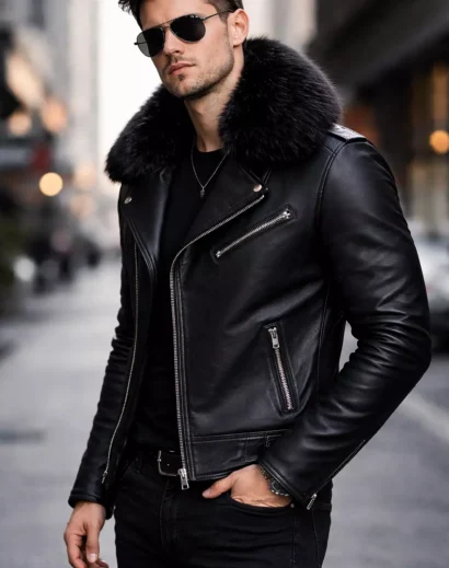 men leather jacket outfit left profile, black fur collar leather jacket men premium lambskin design