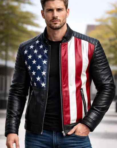 Men's american flag leather motorcycle jacket front view, black american flag leather jacket mens stylish usa flag jacket