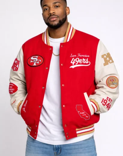 Men’s Golf Wang Scarlet San Francisco 49ers letterman full-snap jacket front view, red varsity jacket men with embroidered 49ers patches