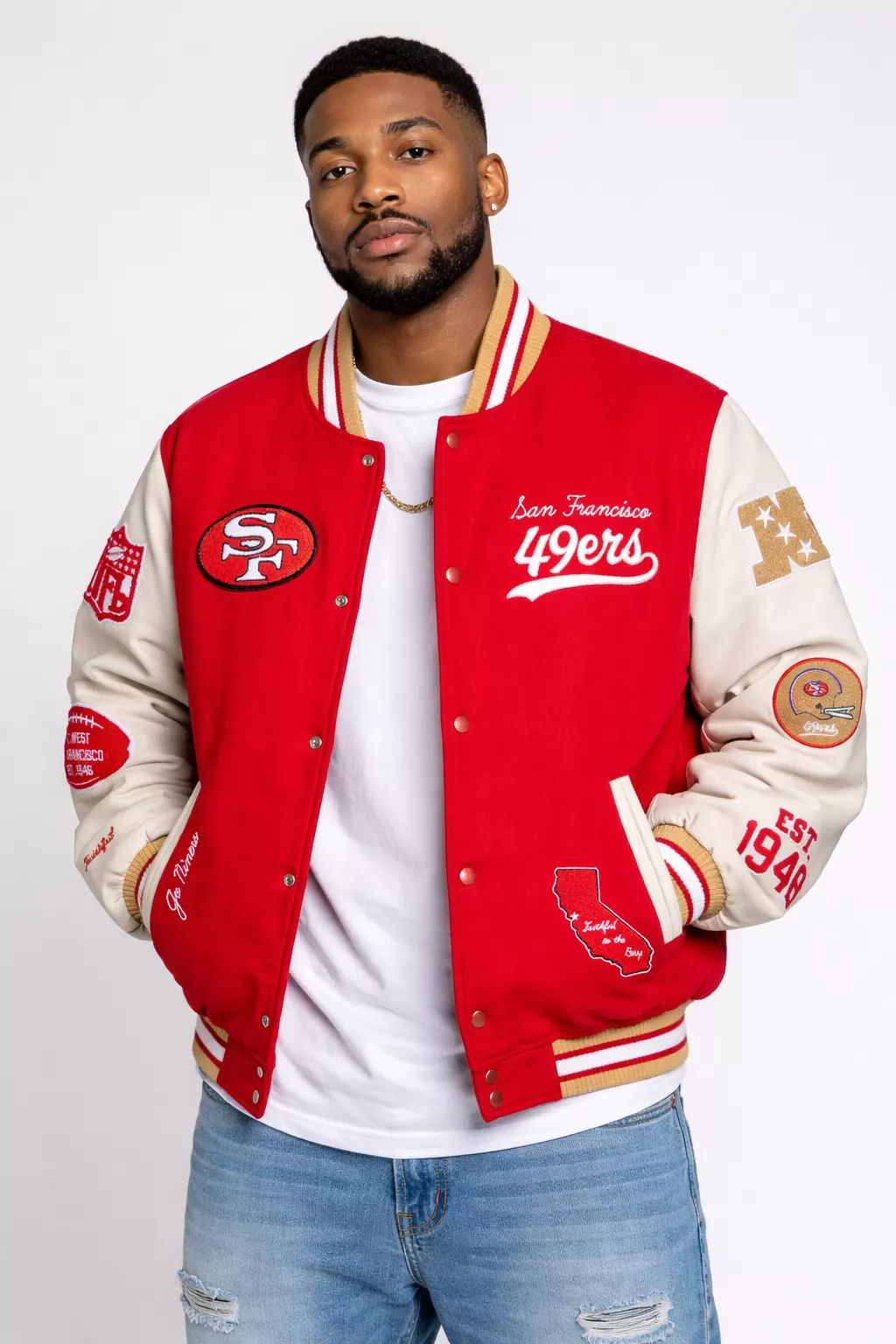 mens-golf-wang-scarlet-san-francisco-49ers-letterman-full-snap-jacket-front Men’s Golf Wang Scarlet San Francisco 49ers letterman full-snap jacket front view, red varsity jacket men with embroidered 49ers patches