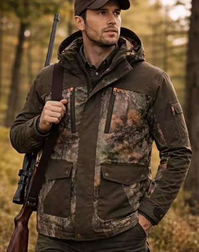 mens hunting jacket green front view worn by model with full sleeve hunter nylon jacket design
