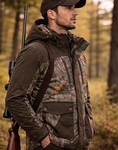 hunting jacket mens left profile view showing mens hunting jacket green full sleeve outdoor wear