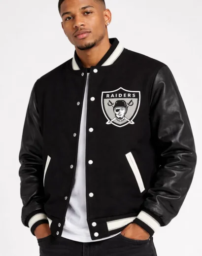 Men's Oakland Raiders letterman jacket black varsity style with leather sleeves and classic logo