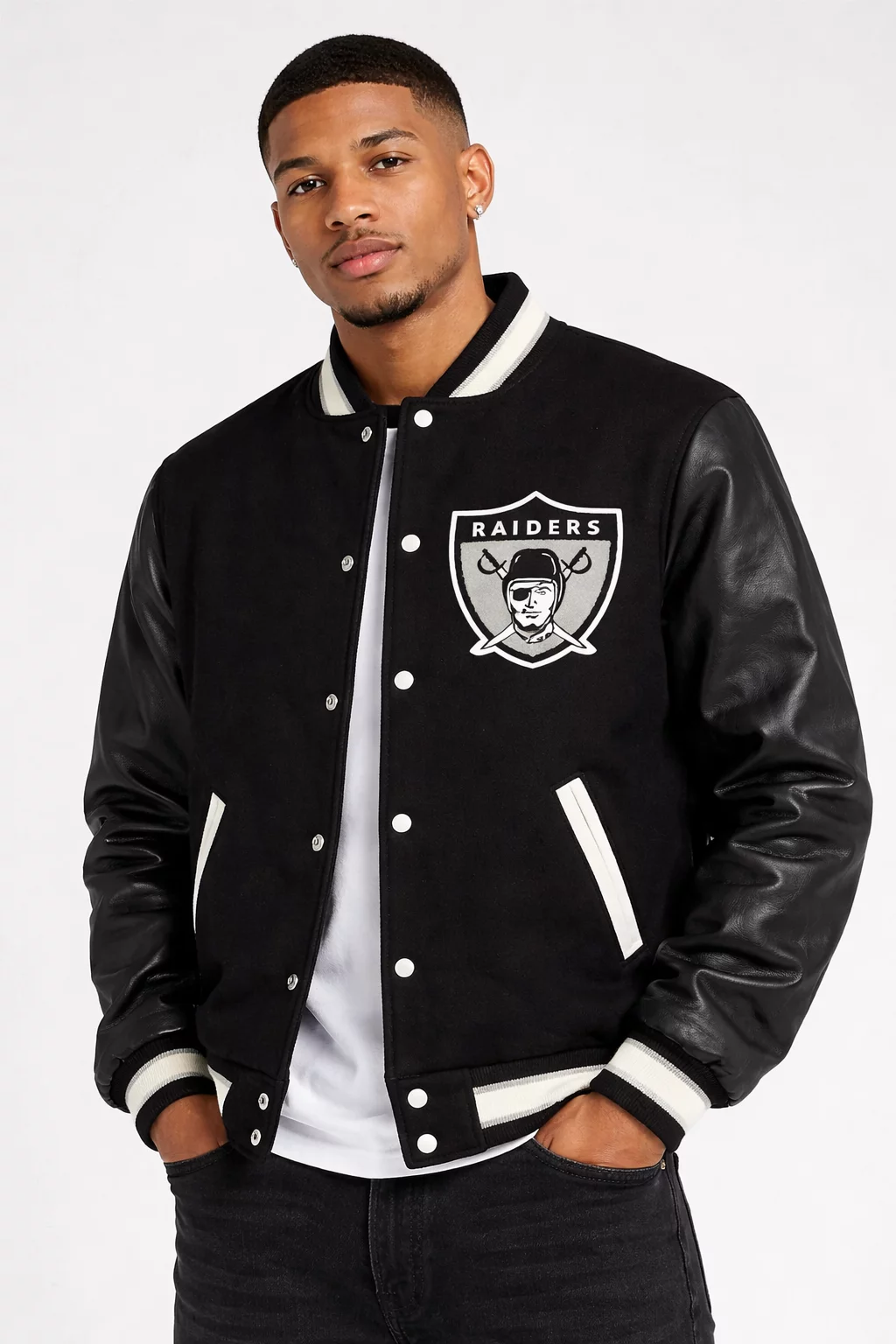 mens-oakland-raiders-letterman-jacket-black-varsity-leather Men's Oakland Raiders letterman jacket black varsity style with leather sleeves and classic logo