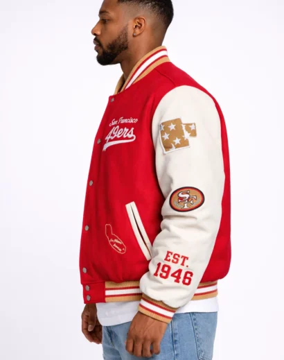 mens-san-francisco-49ers-golf-jacket-side-profile-leather Side profile of men’s San Francisco 49ers golf jacket, leather Golf Wang jacket with scarlet body and cream sleeves