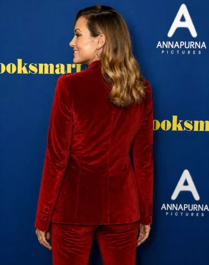 Olivia Wilde red outfit glam look – red womens tuxedo suits fashion inspiration