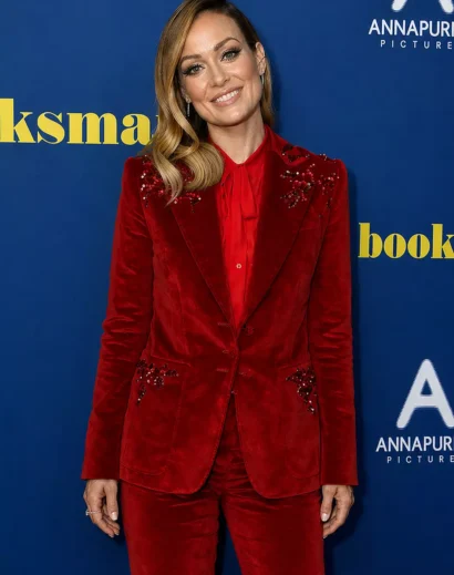 Olivia Wilde red suit elegant style – Olivia Wilde red outfit womens tuxedo suit
